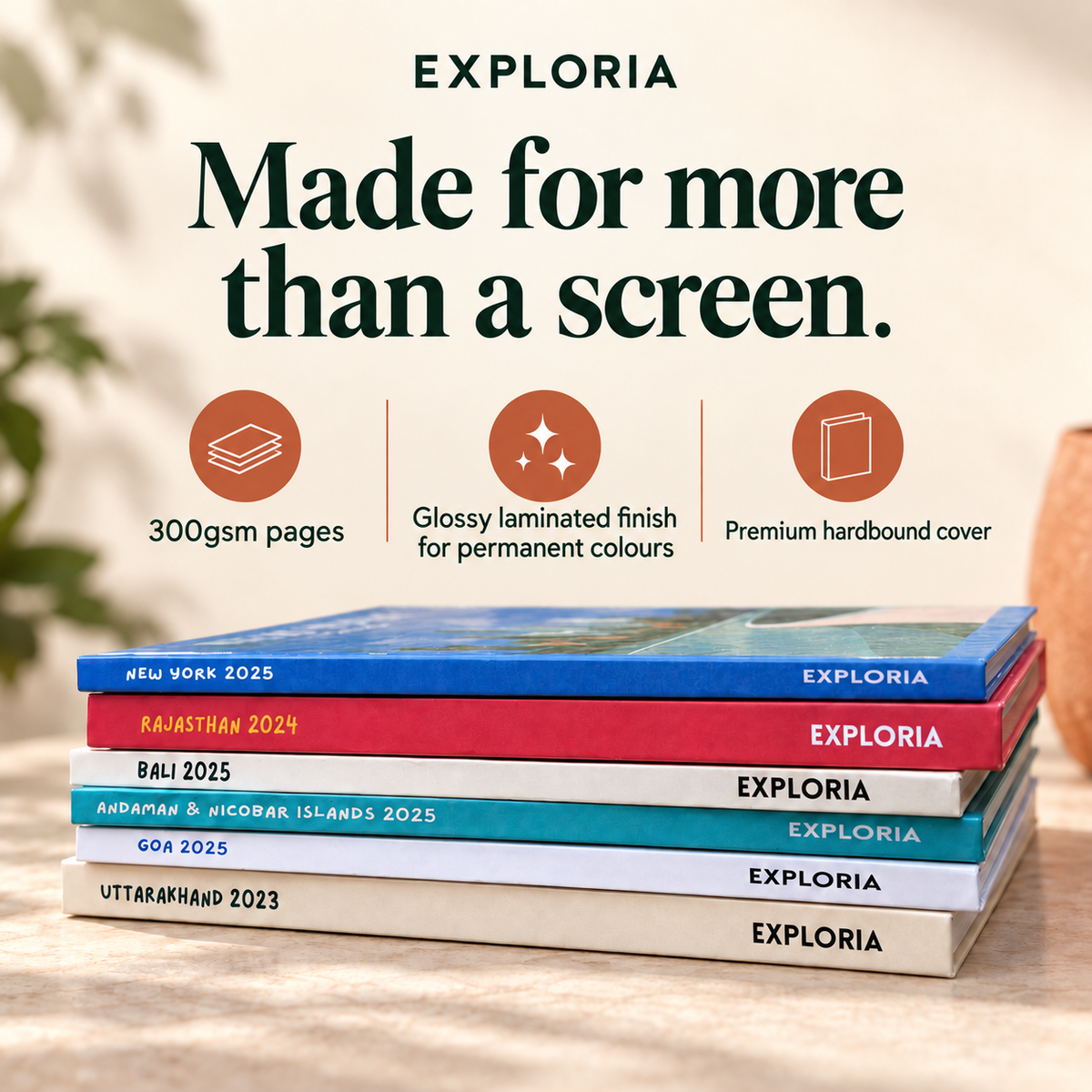 Exploria photobooks with 300gsm pages, glossy laminated finish for permanent colours, and premium hardbound covers.
