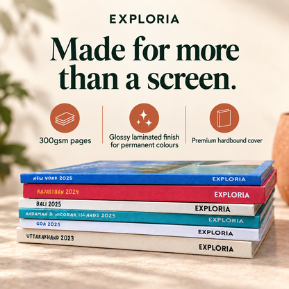 Exploria photobooks with 300gsm pages, glossy laminated finish for permanent colours, and premium hardbound covers.
