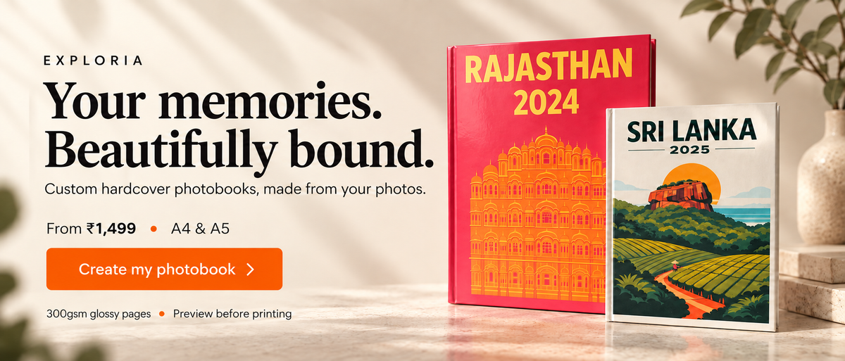 Exploria custom hardcover photobooks from ₹1,499 in A4 and A5. Your memories, beautifully bound.